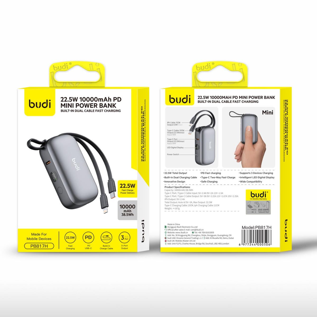 budi - Power Bank with Built-in Cables 10000mAh