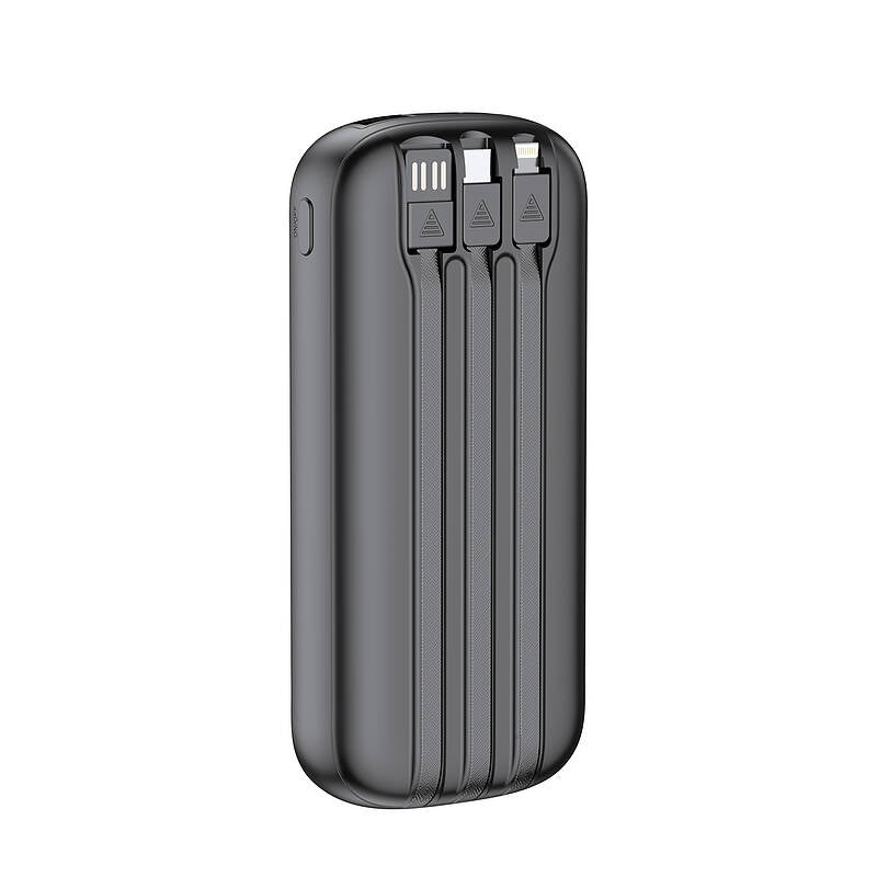 Budi 20,000mAh power bank back view showing three built-in charging cable connectors