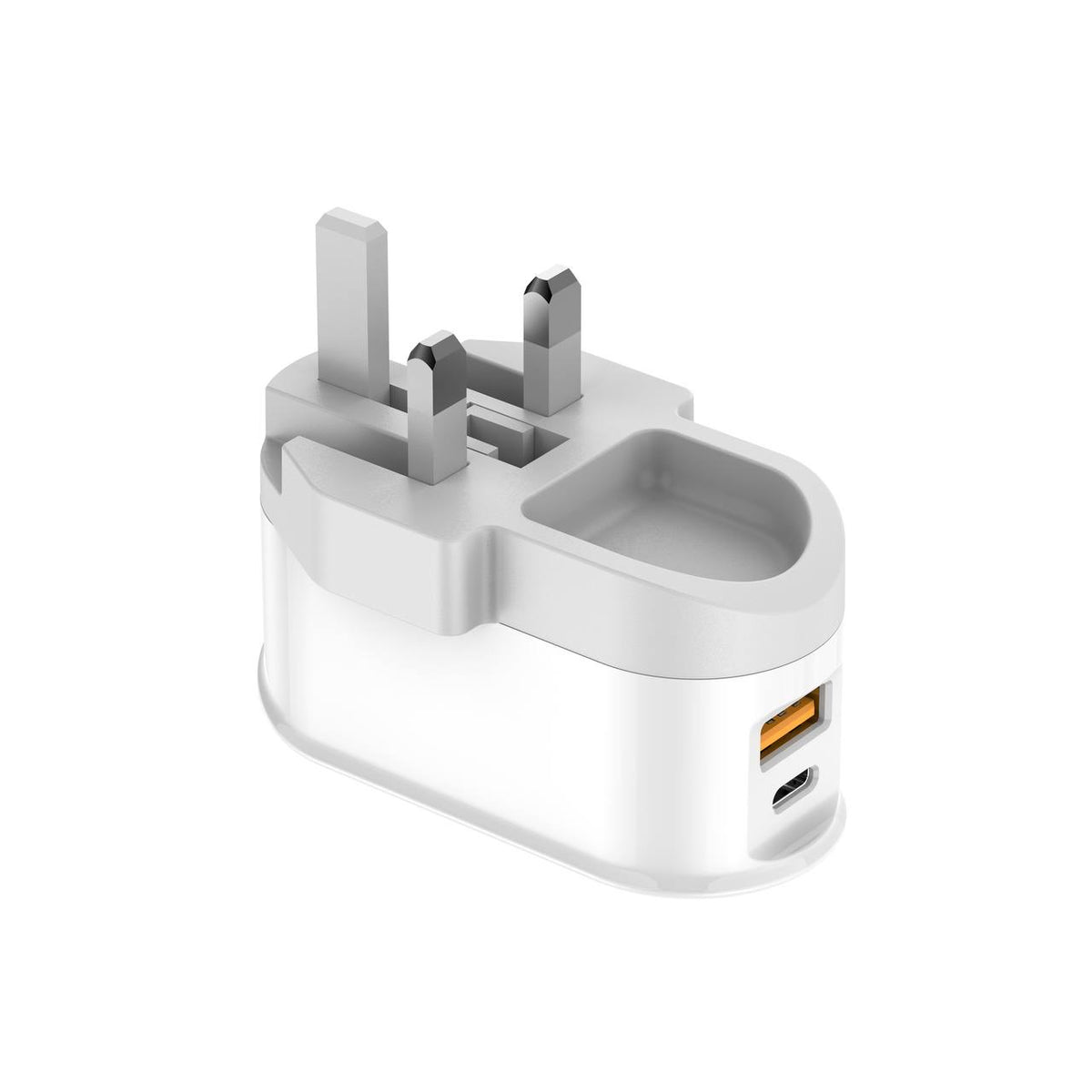 White plug adapter with two USB ports on a white background