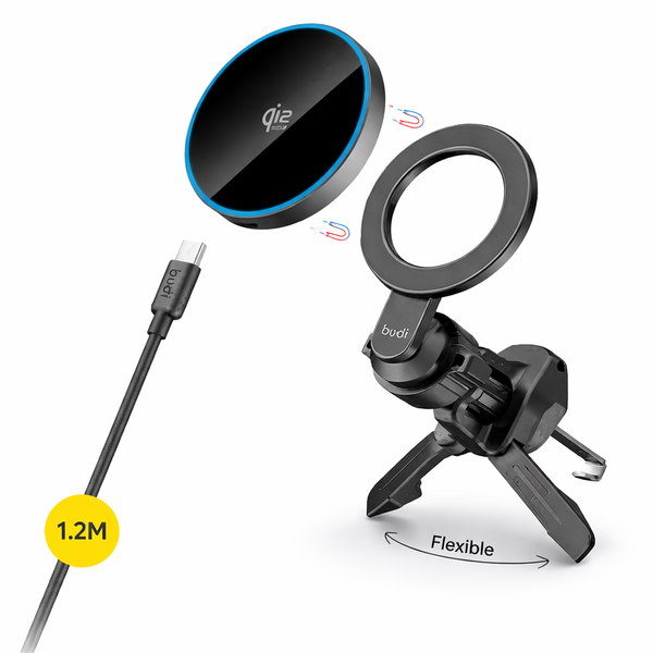 budi - 2 in 1 Mag-E Qi2 Ultra Car Charger