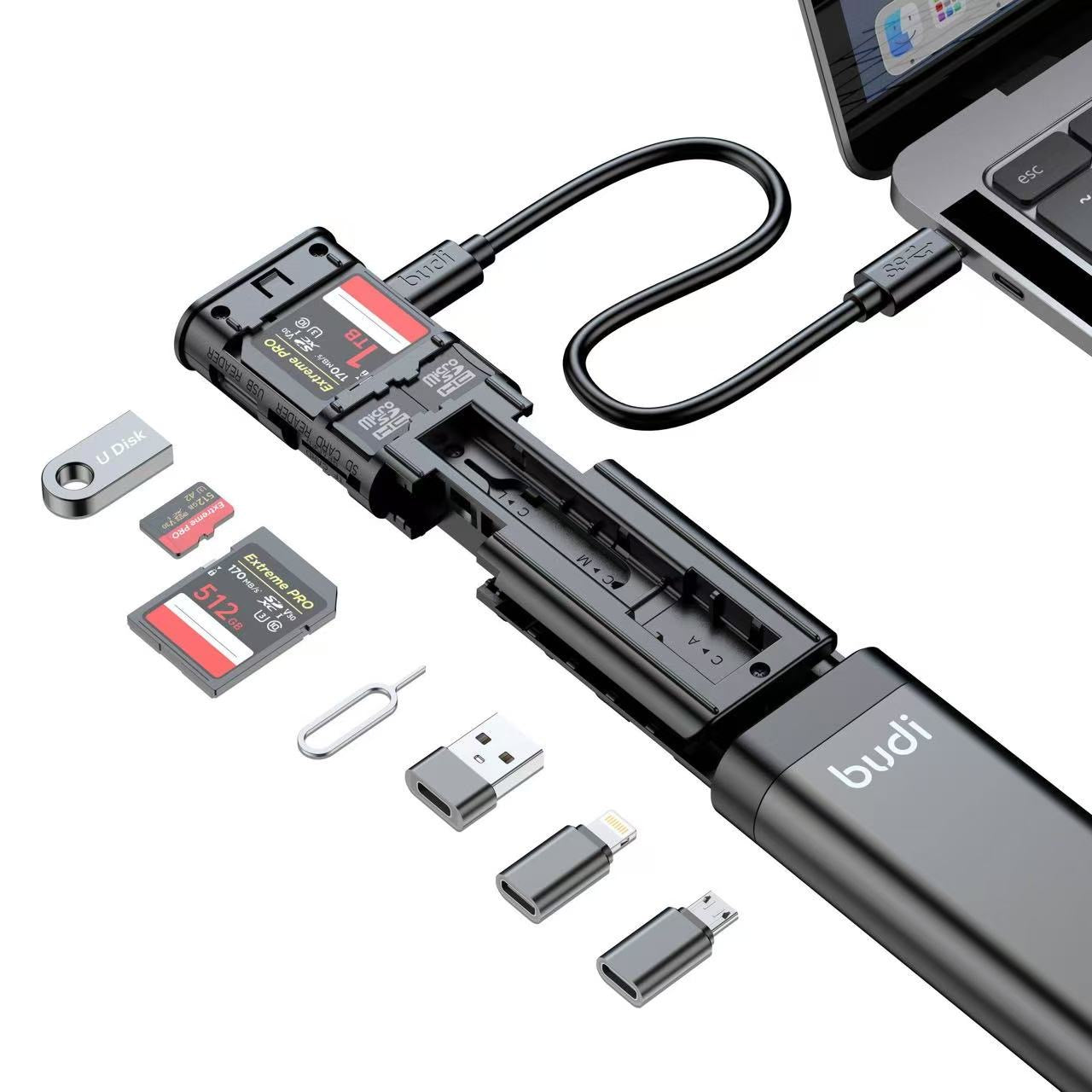 BUDI 9-in-1 USB 3.0 Card Reader Cable, High Speed 5Gbps Data Transfer, Multi-Function SD/TF Card Adapter with OTG Support for iPhone, Android, Computer.