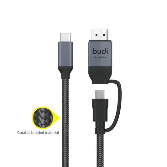 budi 2-in-1 USB-C to HDMI 4K cable with 65W PD USB-C charging port, 2m braided
