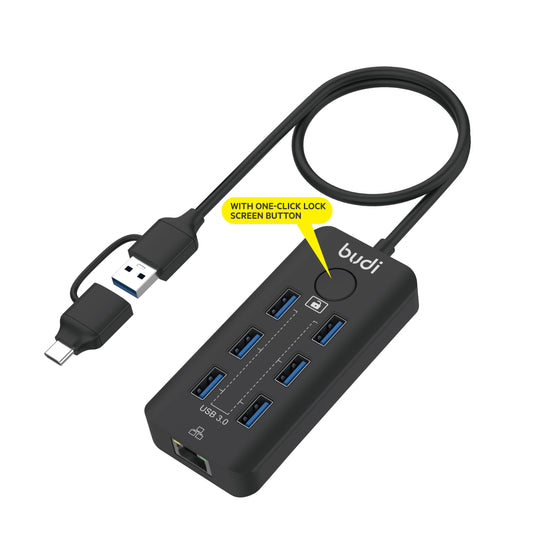 budi 6-port USB 3.0 hub with Ethernet RJ45 port, 2-in-1 USB-C and USB-A plug and one-click lock screen button