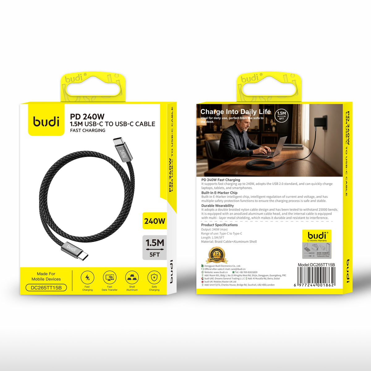 budi PD 240W 1.5m USB-C to USB-C braided fast charging cable with E-Marker chip DC265TT15B