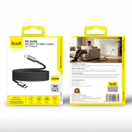 budi PD 240W 3m USB-C to USB-C braided fast charging cable with E-Marker chip DC265TT30B