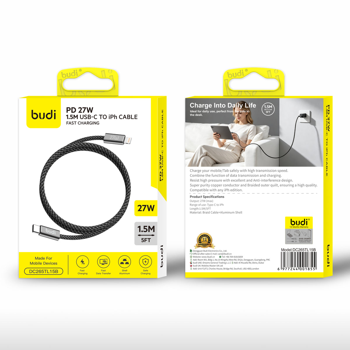 budi PD 27W 1.5m USB-C to Lightning braided fast charging cable for iPhone DC265TL15B